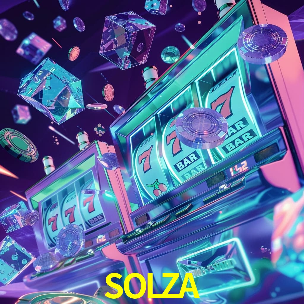 Escena dinámica inspirada en casino con iluminación SOLZA, cartas, fichas e íconos de juegos digitales en un espacio moderno de juegos.