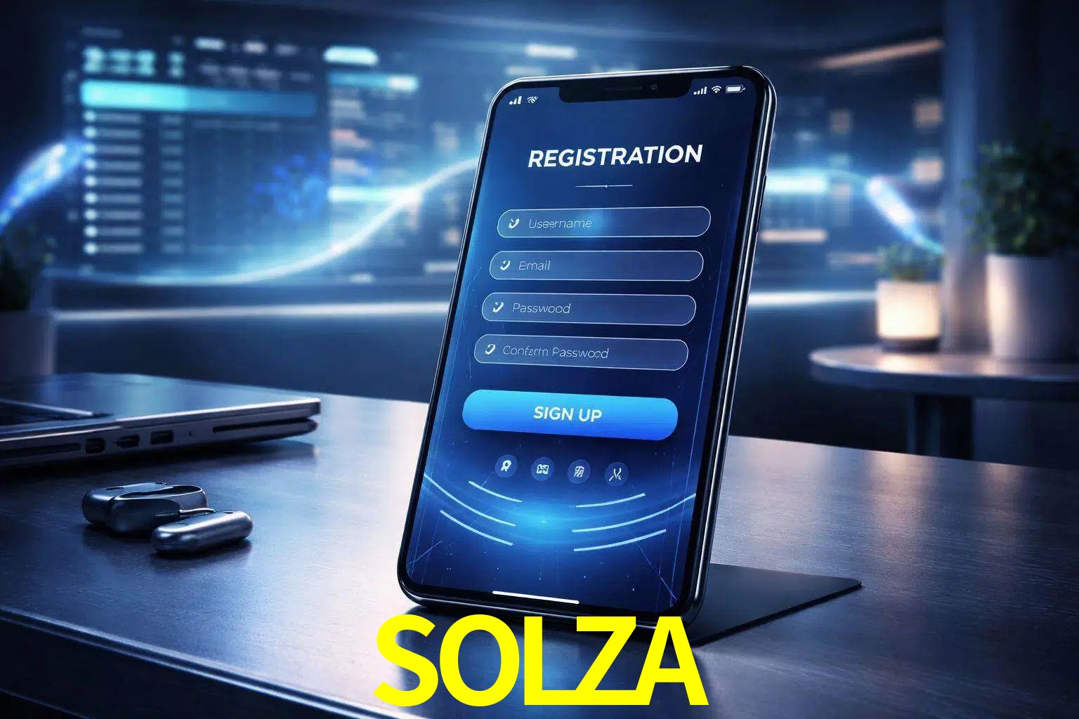Una interfaz moderna de registro móvil para SOLZA mostrada en un smartphone con un panel de apuestas elegante.